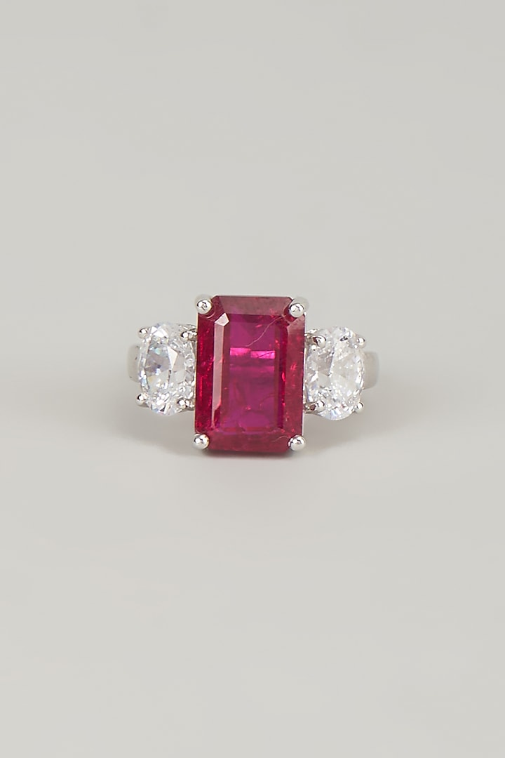 White Finish Red Stone Ring In Sterling Silver by Diosa Paris Jewellery at Pernia's Pop Up Shop