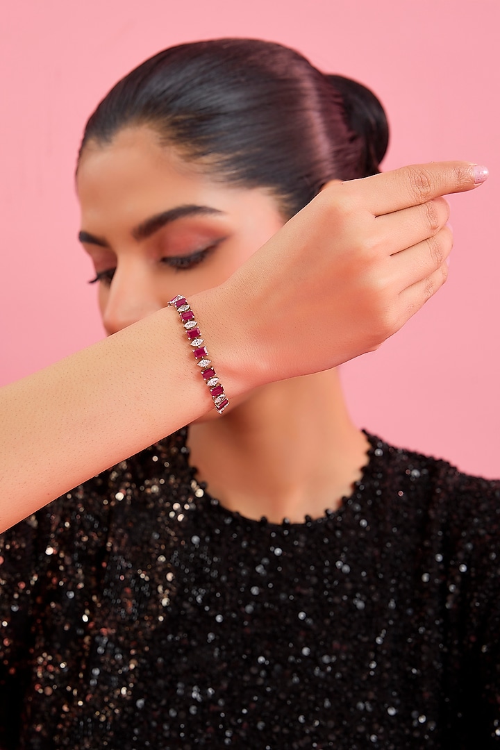 Silver Finish Red & White Stone Bracelet In Sterling Silver by Diosa Paris Jewellery at Pernia's Pop Up Shop