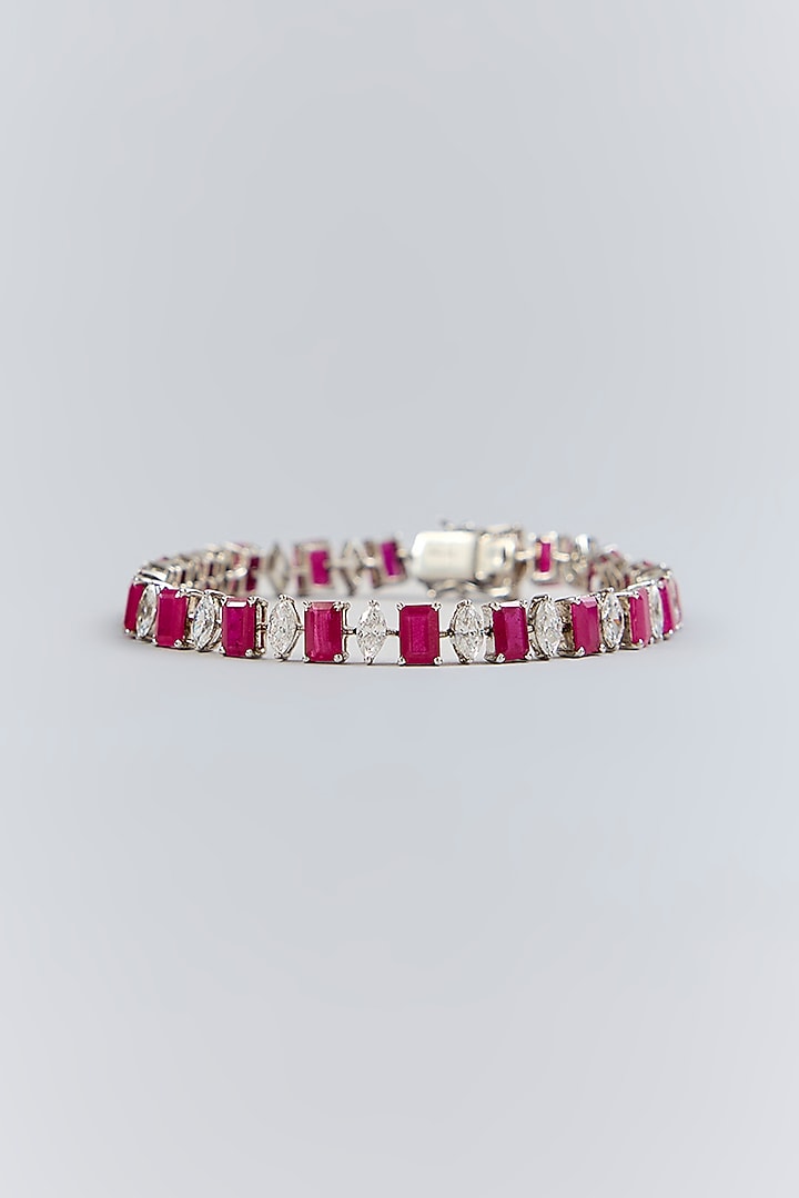 Silver Finish Red & White Stone Bracelet In Sterling Silver by Diosa Paris Jewellery at Pernia's Pop Up Shop