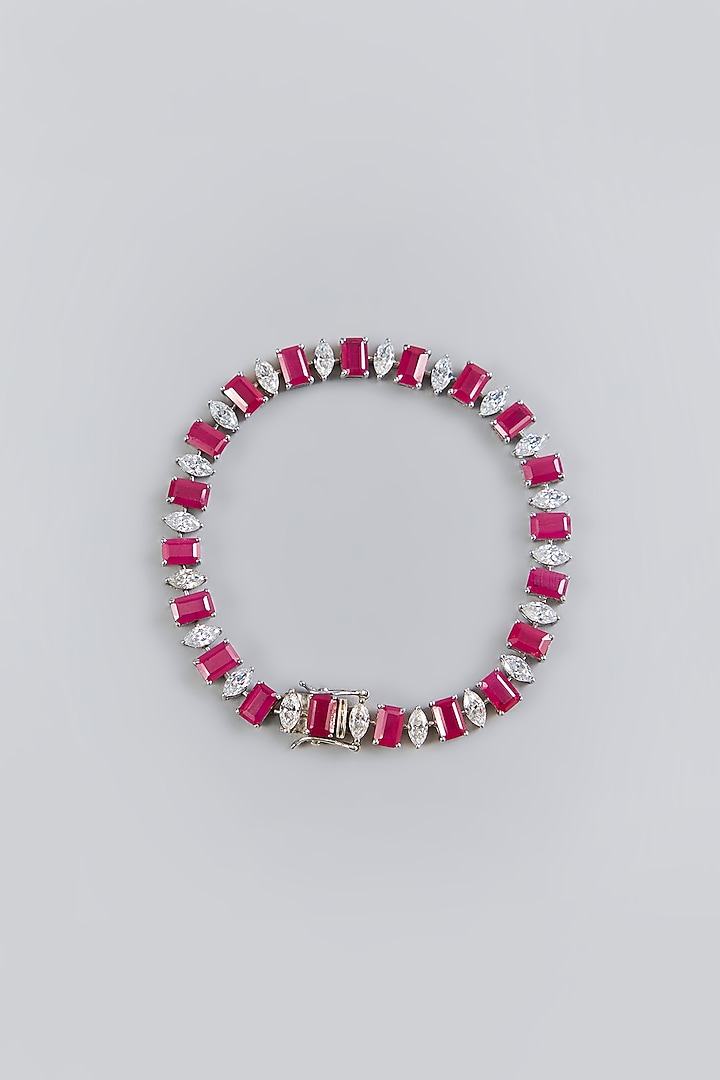 Silver Finish Red & White Stone Bracelet In Sterling Silver by Diosa Paris Jewellery at Pernia's Pop Up Shop