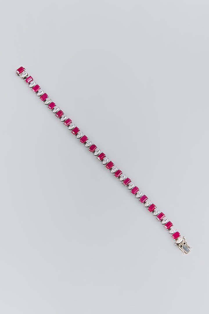Silver Finish Red & White Stone Bracelet In Sterling Silver by Diosa Paris Jewellery at Pernia's Pop Up Shop