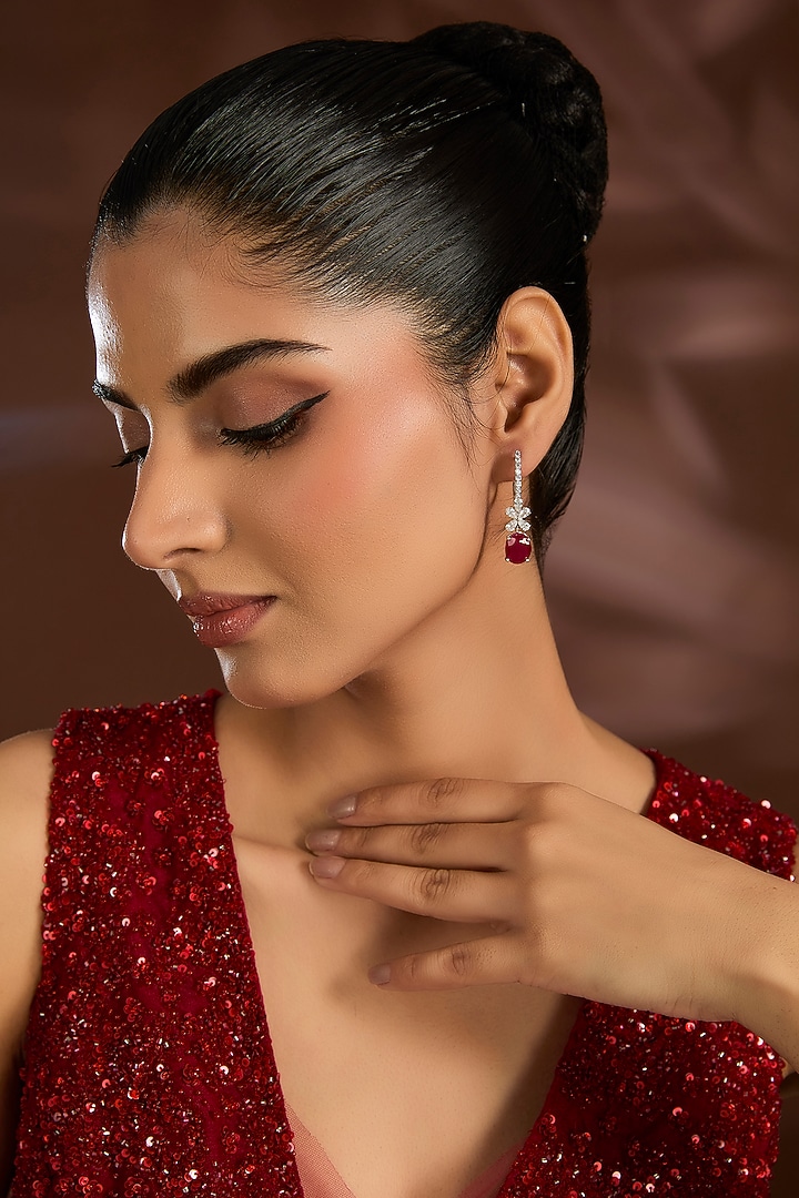 White Finish White & Red Stone Dangler Earrings In Sterling Silver by Diosa Paris Jewellery at Pernia's Pop Up Shop