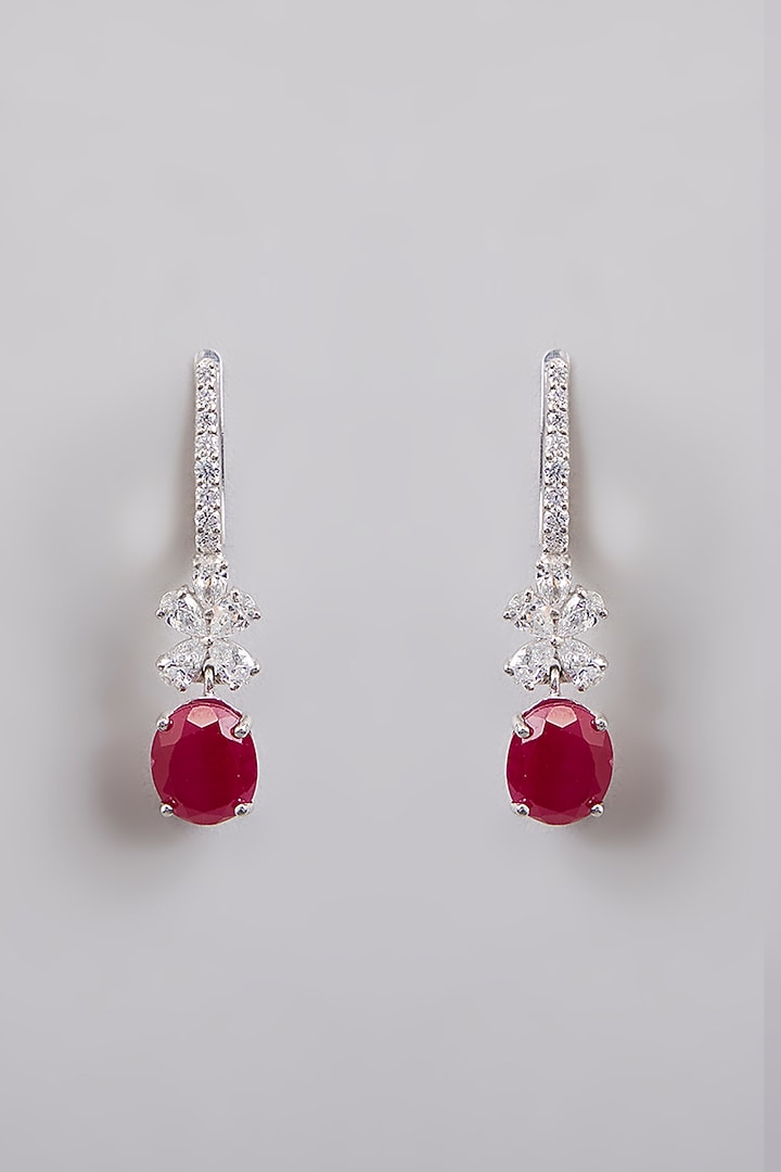 White Finish White & Red Stone Dangler Earrings In Sterling Silver by Diosa Paris Jewellery at Pernia's Pop Up Shop
