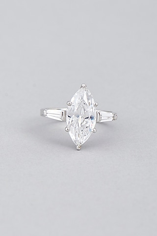 White Finish Swarovski Baguette Ring In Sterling Silver by Diosa Paris Jewellery