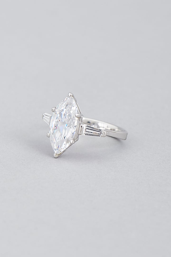 White Finish Swarovski Baguette Ring In Sterling Silver by Diosa Paris Jewellery at Pernia's Pop Up Shop