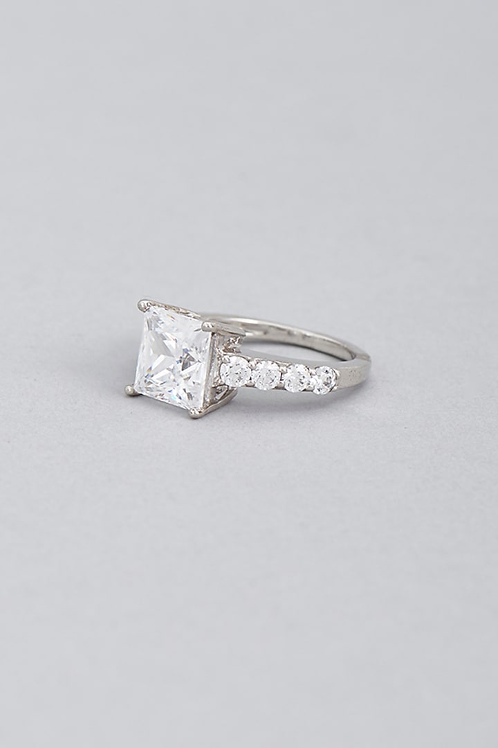 White Finish Princess Cut Swarovski Ring In Sterling Silver by Diosa Paris Jewellery at Pernia's Pop Up Shop