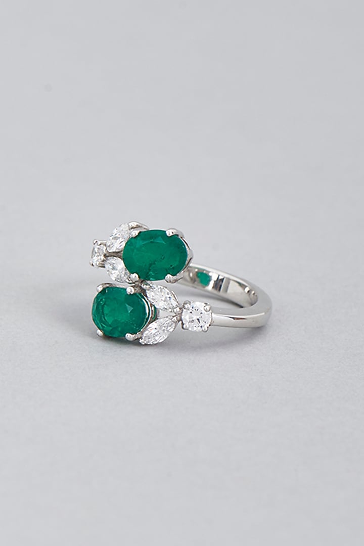 White Finish Green Synthetic Stones & Swarovski Ring In Sterling Silver by Diosa Paris Jewellery at Pernia's Pop Up Shop