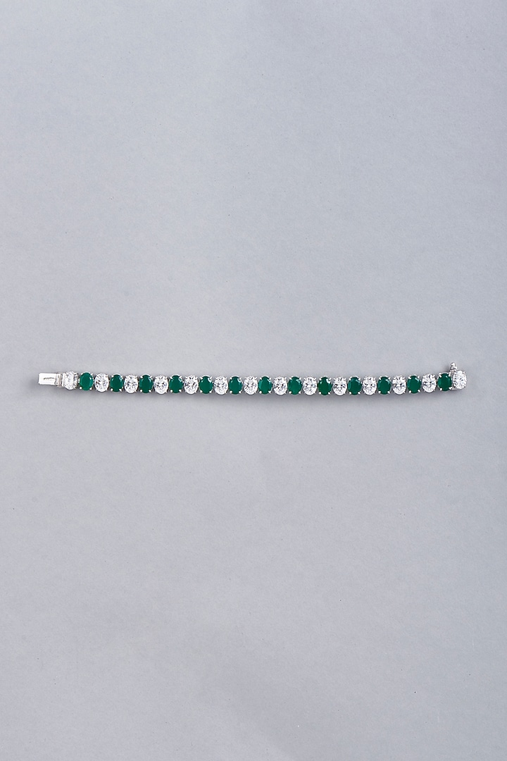 White Finish Green Synthetic Stones Bracelet In Sterling Silver by Diosa Paris Jewellery at Pernia's Pop Up Shop