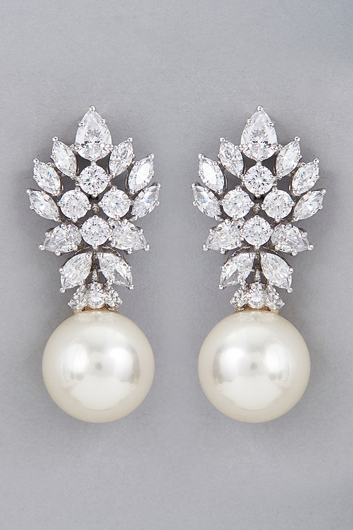 White Finish Pearl & Swarovski Earrings In Sterling Silver by Diosa Paris Jewellery at Pernia's Pop Up Shop