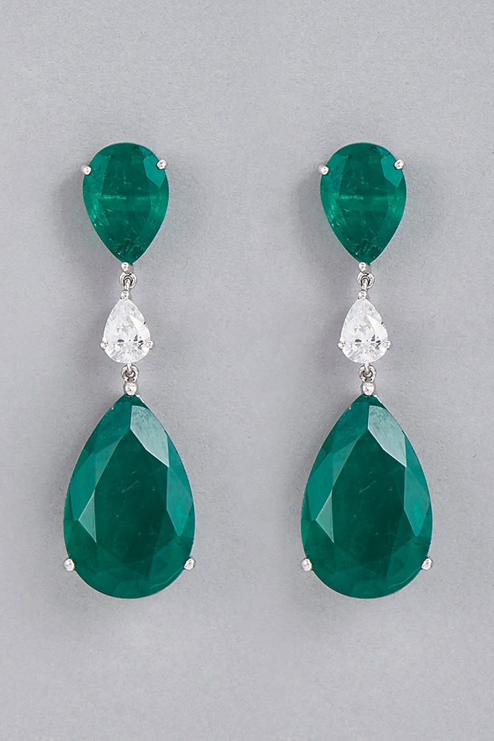 White Finish Green Synthetic Stones & Swarovski Earrings In Sterling Silver by Diosa Paris Jewellery at Pernia's Pop Up Shop