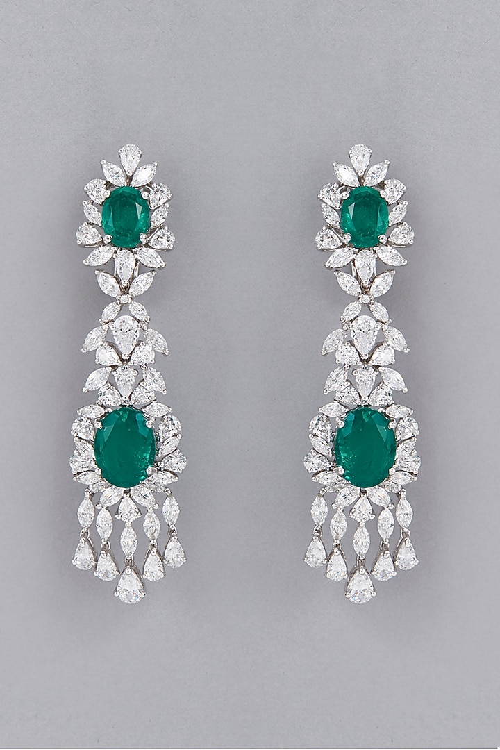 White Finish Earrings With Green Synthetic Stones In Sterling Silver by Diosa Paris Jewellery at Pernia's Pop Up Shop