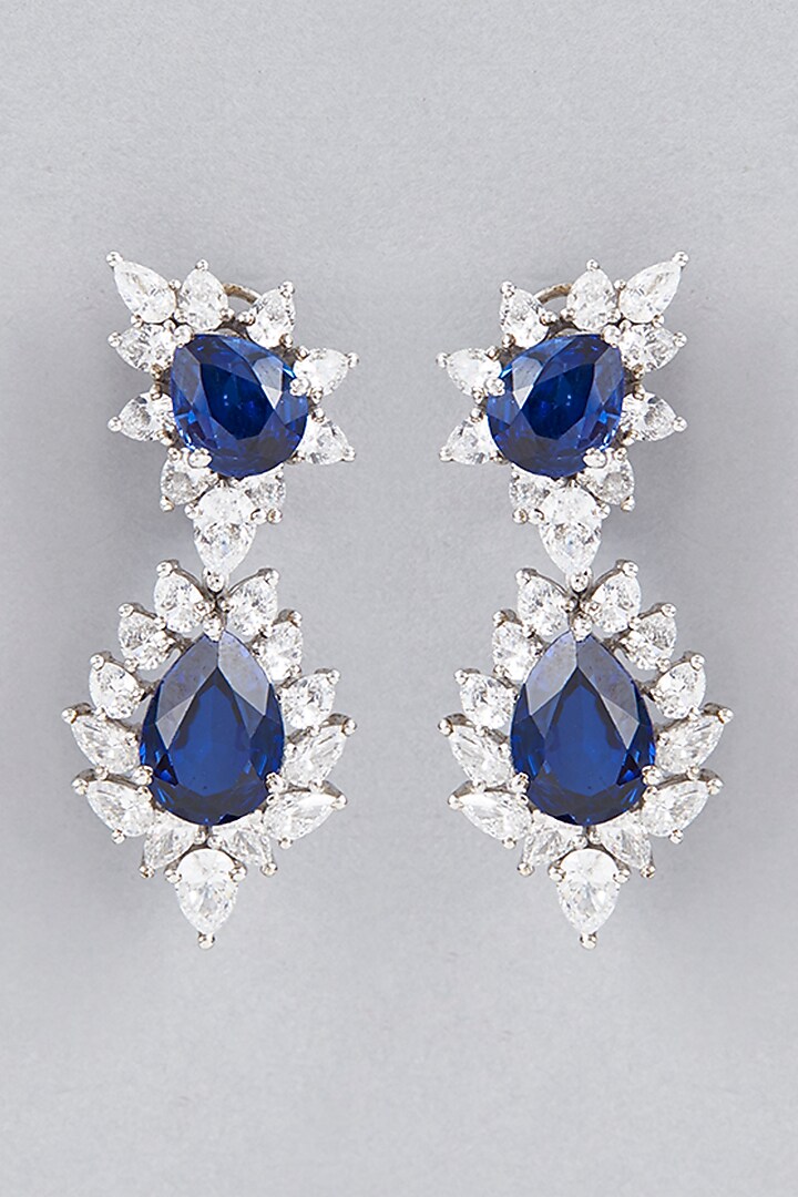 White Finish Blue Synthetic Sapphire Earrings In Sterling Silver by Diosa Paris Jewellery at Pernia's Pop Up Shop