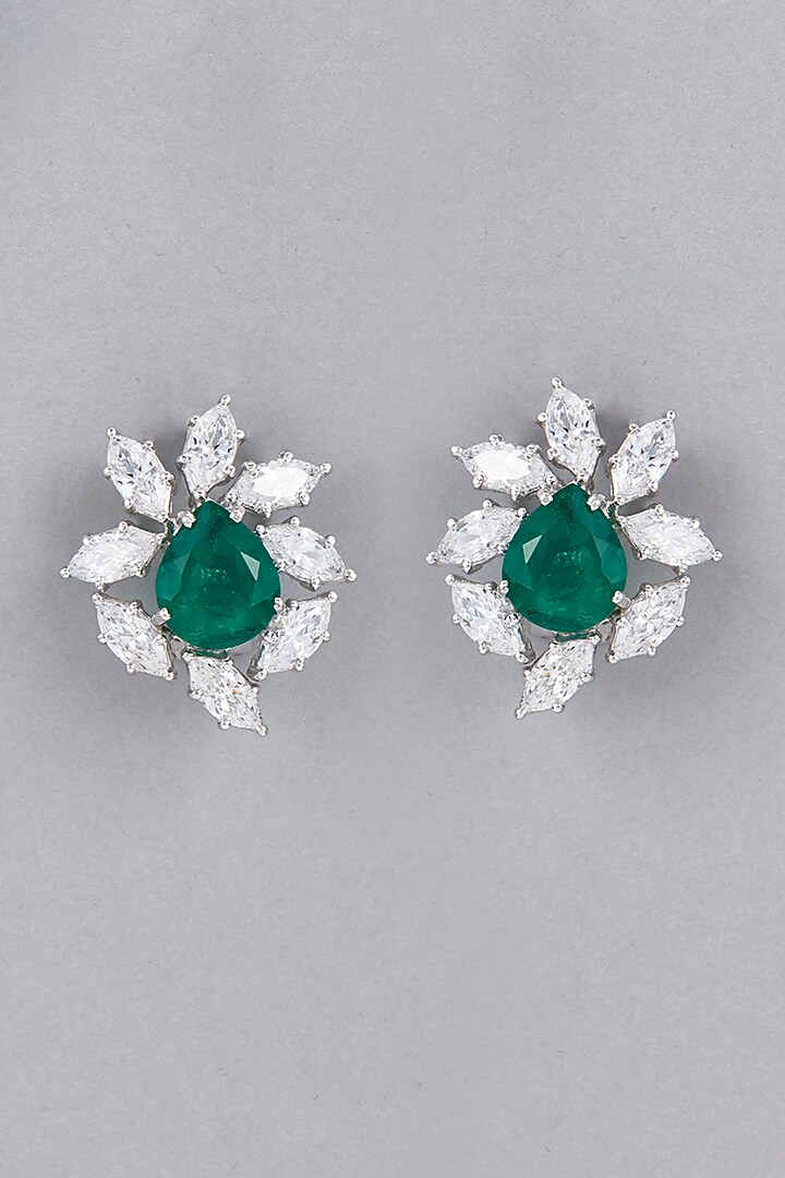 White Finish Green Synthetic Stones & Swarovski Stud Earrings In Sterling Silver by Diosa Paris Jewellery at Pernia's Pop Up Shop