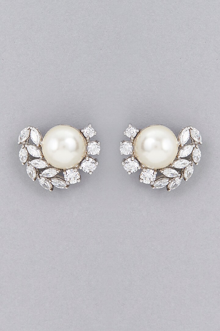 White Finish Pearls & Swarovski Stud Earrings In Sterling Silver by Diosa Paris Jewellery at Pernia's Pop Up Shop