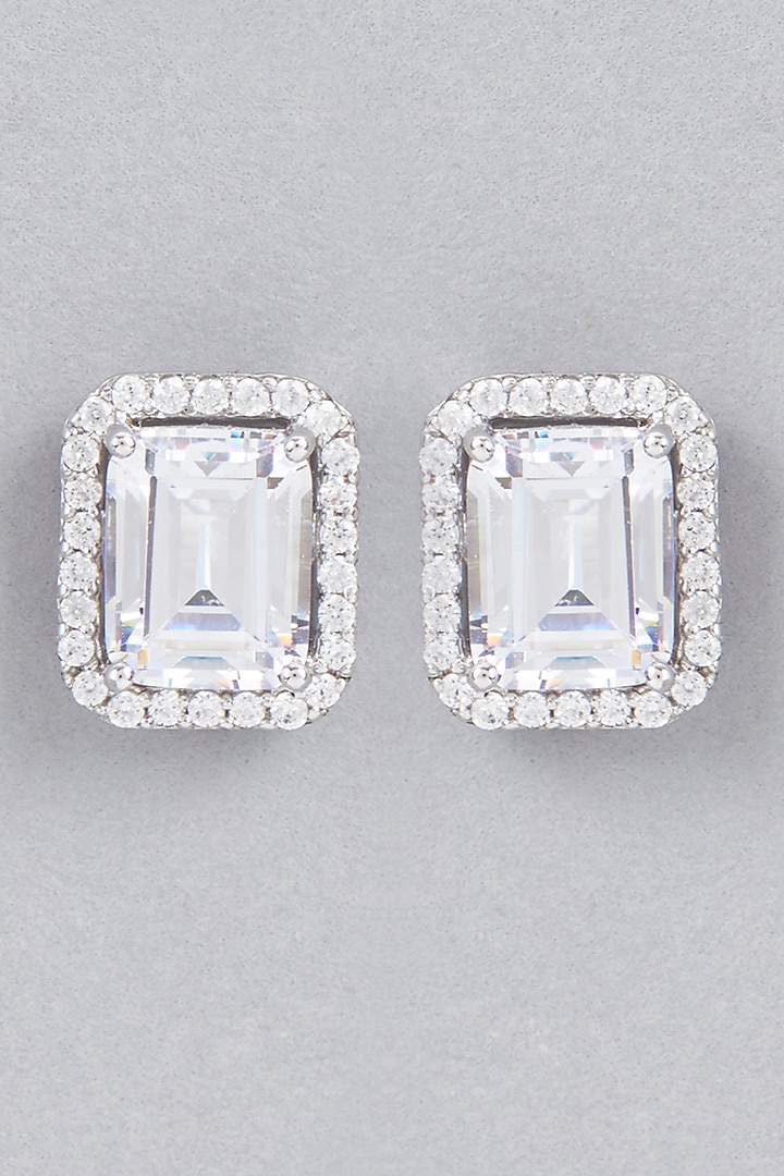 White Finish Stud Earrings With Swarovski Zirconia In Sterling Silver by Diosa Paris Jewellery at Pernia's Pop Up Shop