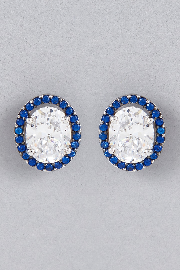 White Finish Blue Swarovski Earrings In Sterling Silver by Diosa Paris Jewellery at Pernia's Pop Up Shop