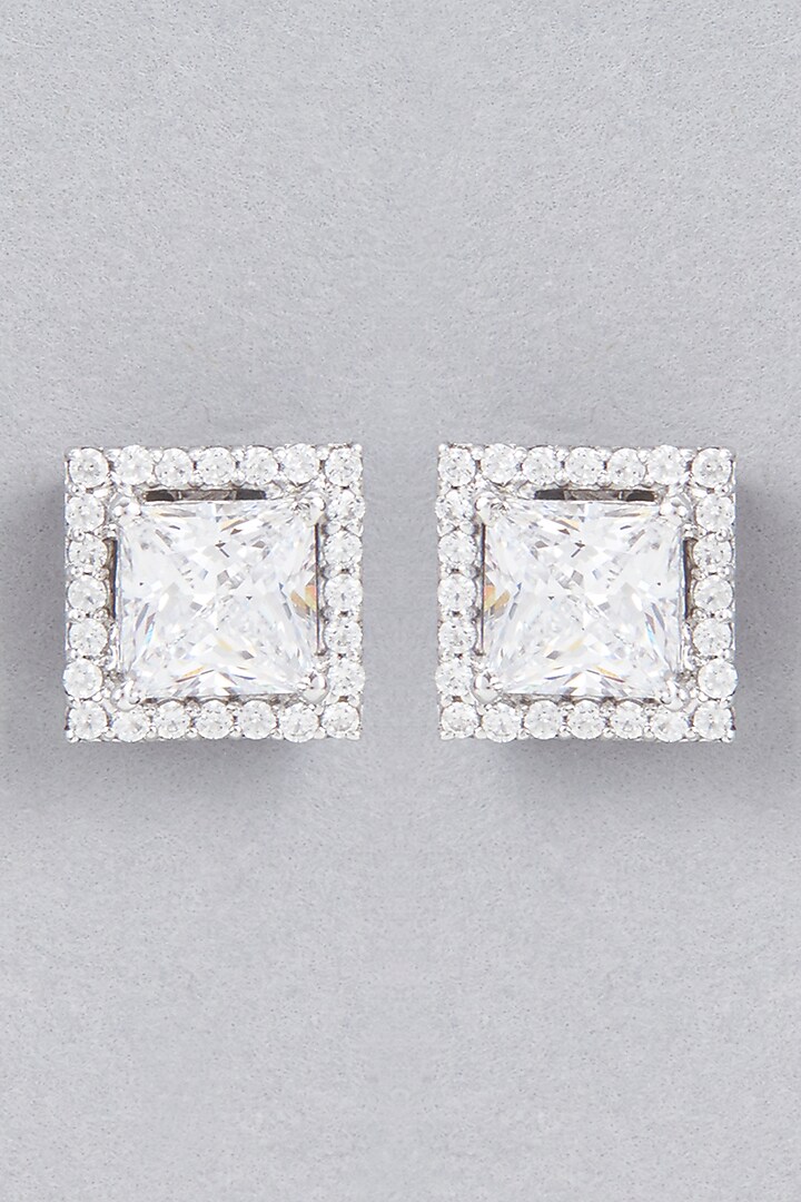 White Finish Stud Earrings With Swarovski Zirconia In Sterling Silver by Diosa Paris Jewellery at Pernia's Pop Up Shop