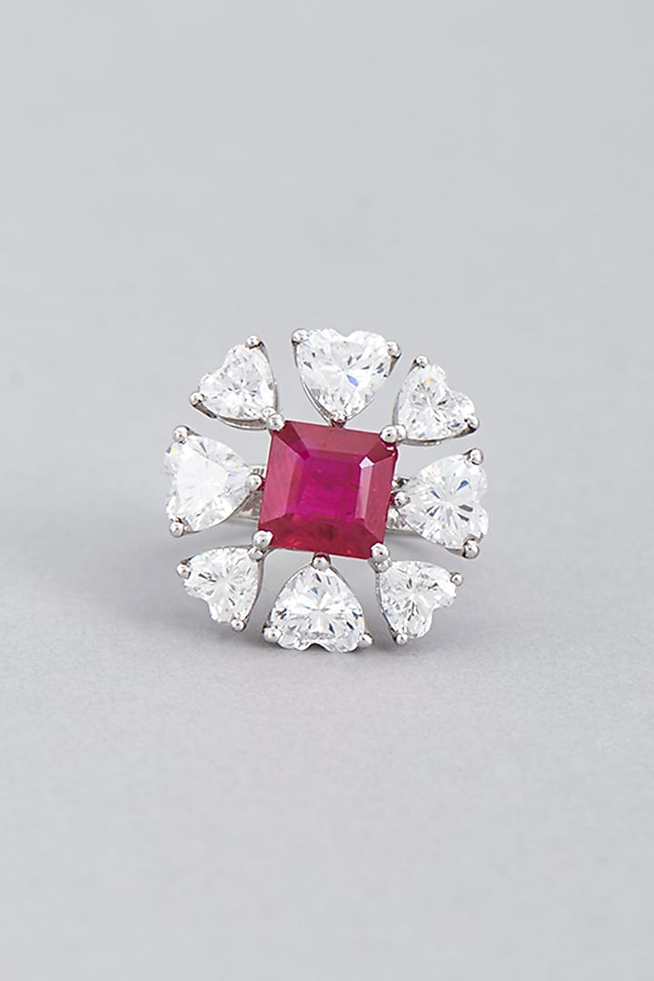 White Finish Red Synthetic Stone Ring In Sterling Silver by Diosa Paris Jewellery at Pernia's Pop Up Shop