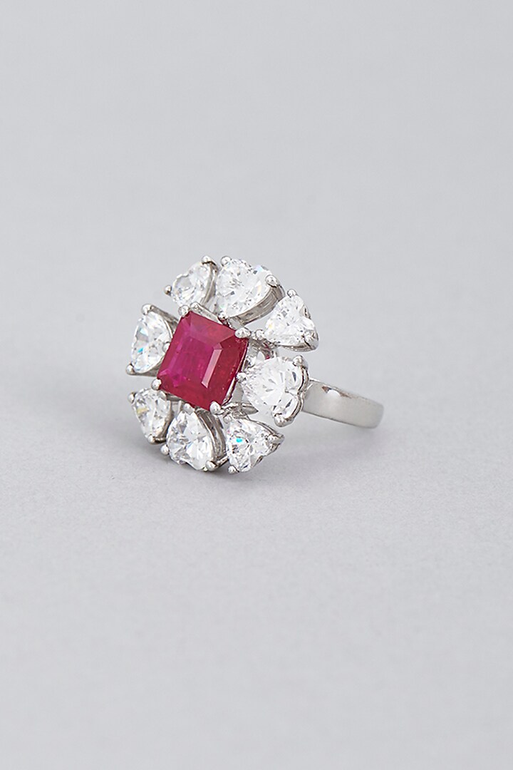 White Finish Red Synthetic Stone Ring In Sterling Silver by Diosa Paris Jewellery at Pernia's Pop Up Shop