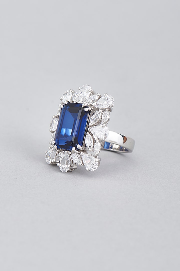 White Finish Blue Swarovski Ring In Sterling Silver by Diosa Paris Jewellery at Pernia's Pop Up Shop