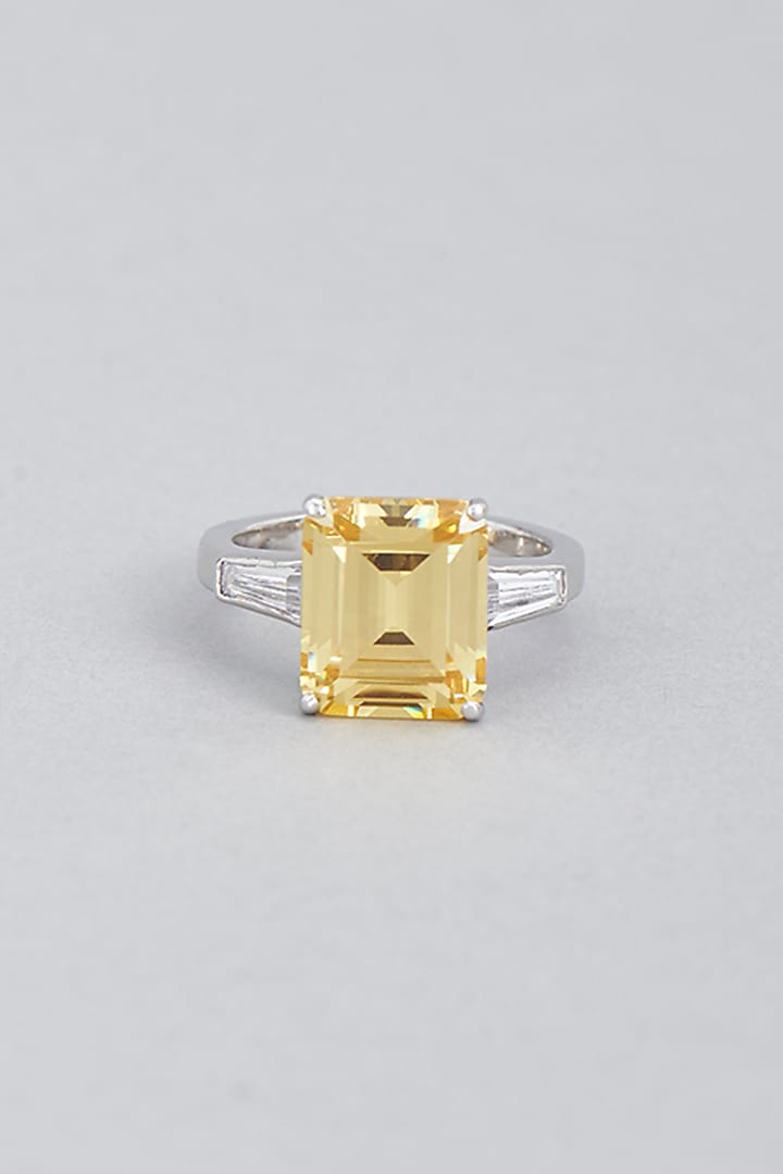 White Finish Ring With Yellow Swarovski Zirconia In Sterling Silver by Diosa Paris Jewellery at Pernia's Pop Up Shop