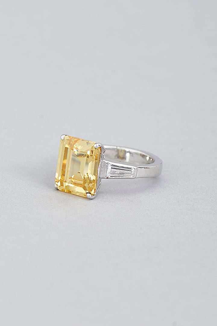 White Finish Ring With Yellow Swarovski Zirconia In Sterling Silver by Diosa Paris Jewellery at Pernia's Pop Up Shop