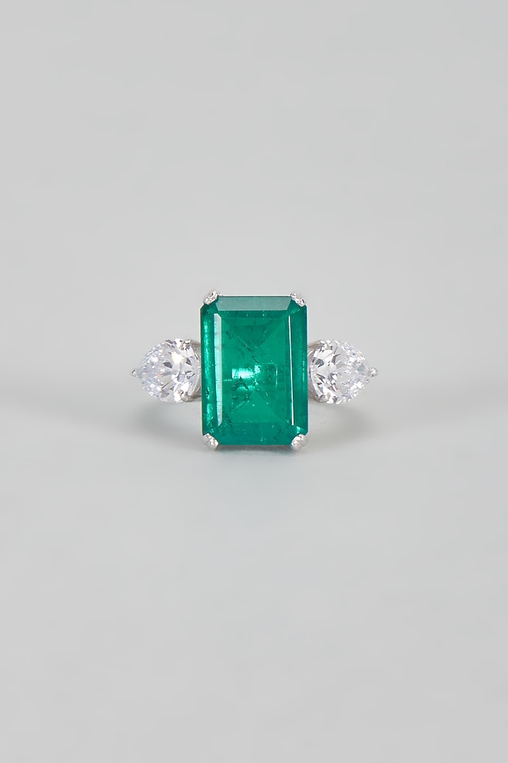 White Finish Green Synthetic Stone Ring In Sterling Silver by Diosa Paris Jewellery at Pernia's Pop Up Shop