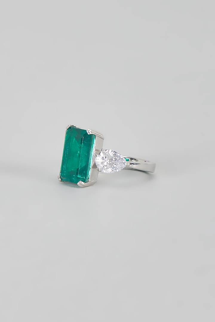 White Finish Green Synthetic Stone Ring In Sterling Silver by Diosa Paris Jewellery at Pernia's Pop Up Shop
