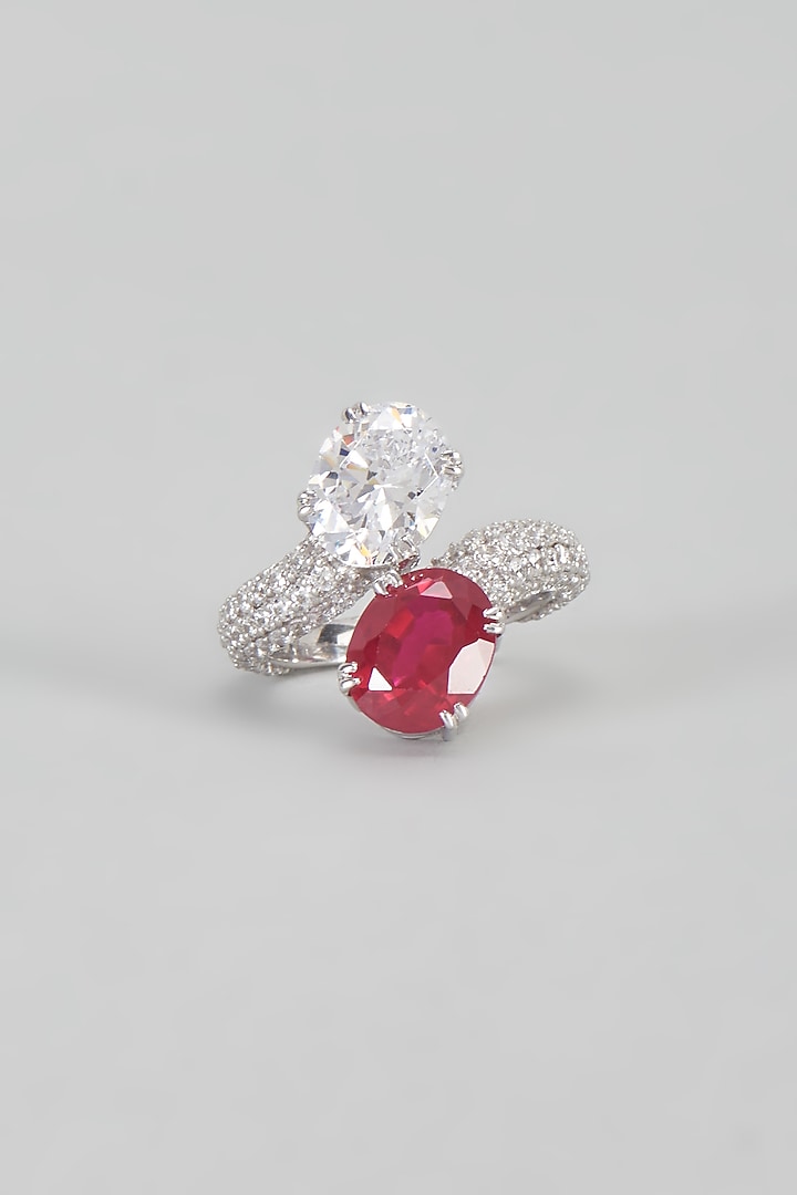 White Finish Swarovski & Red Stone Ring In Sterling Silver by Diosa Paris Jewellery at Pernia's Pop Up Shop