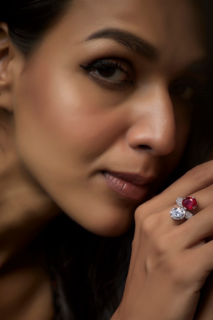 White Finish Swarovski & Red Stone Ring In Sterling Silver by Diosa Paris Jewellery