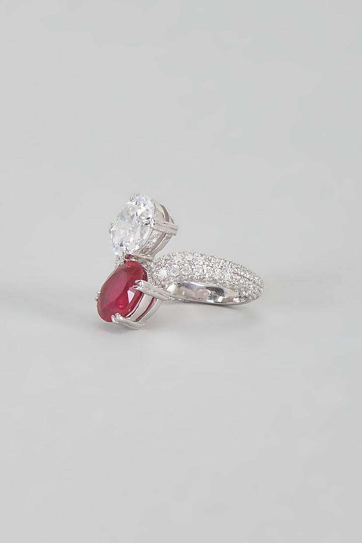White Finish Swarovski & Red Stone Ring In Sterling Silver by Diosa Paris Jewellery at Pernia's Pop Up Shop