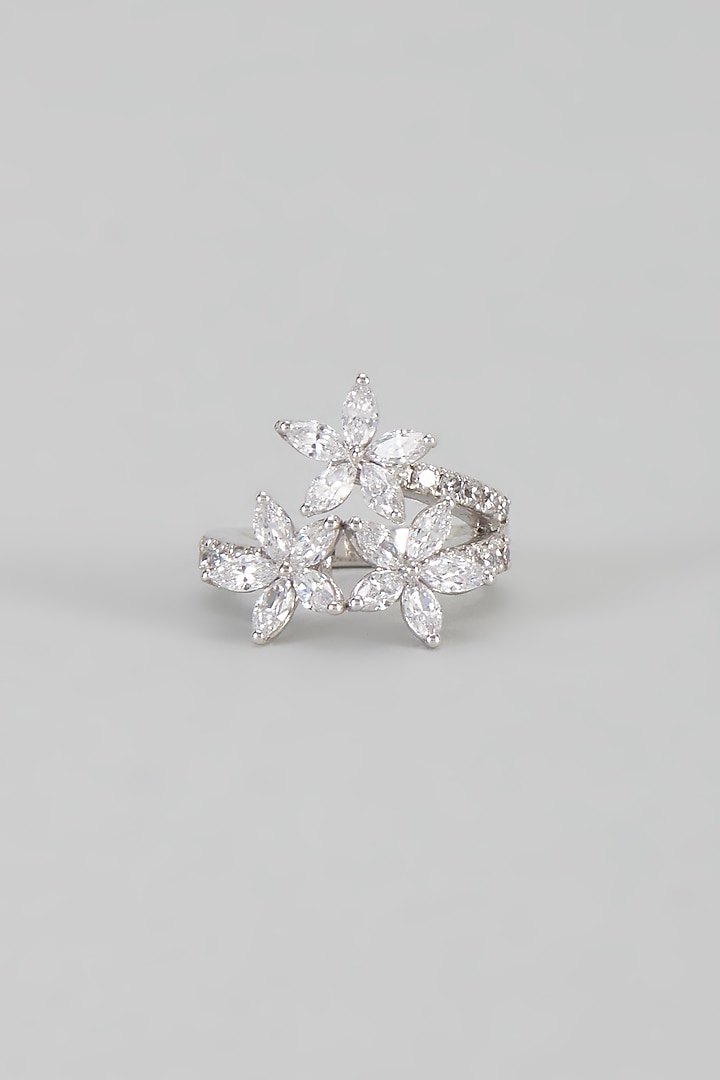 White Finish Swarovski Floral Ring In Sterling Silver by Diosa Paris Jewellery at Pernia's Pop Up Shop
