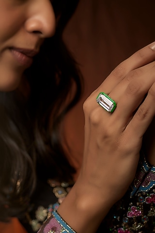 White Finish Swarovski & Enameled Ring In Sterling Silver by Diosa Paris Jewellery