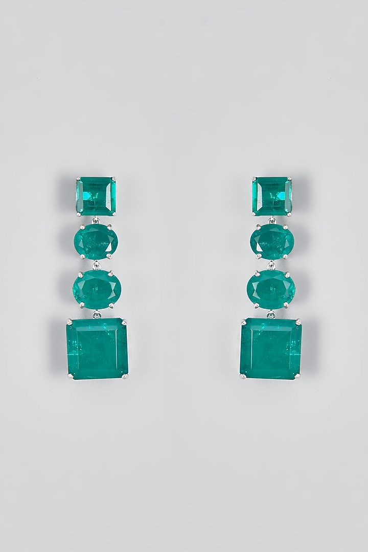 White Finish Emerald Stones Dangler Earrings In Sterling Silver by Diosa Paris Jewellery at Pernia's Pop Up Shop