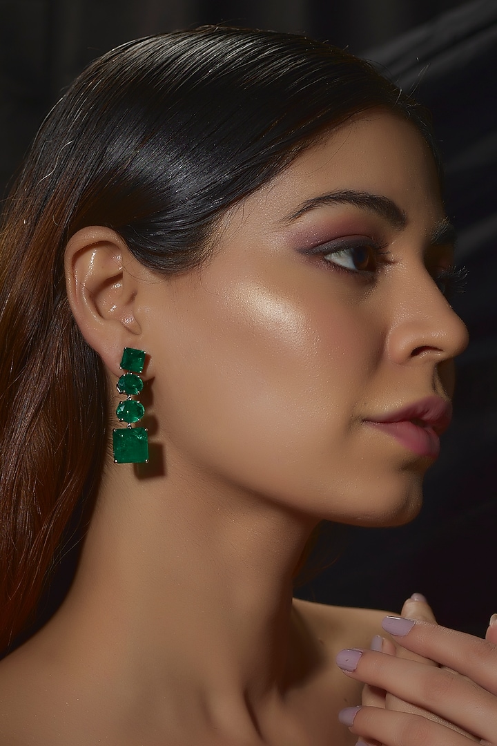 White Finish Emerald Stones Dangler Earrings In Sterling Silver by Diosa Paris Jewellery at Pernia's Pop Up Shop
