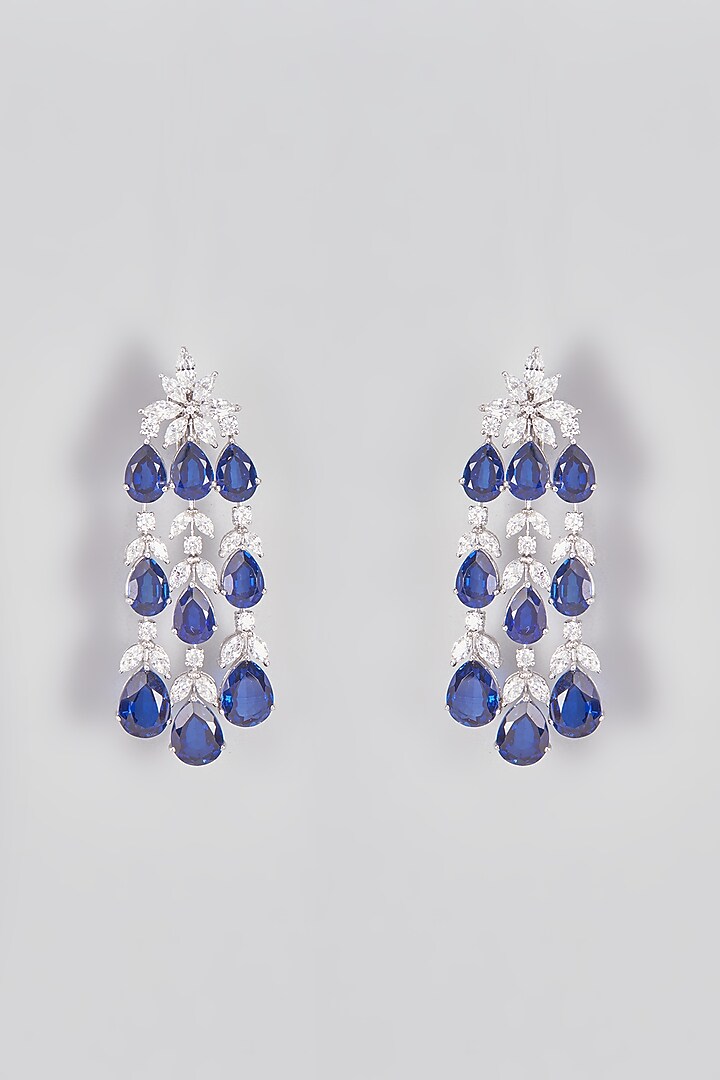 White Finish Blue Stones Dangler Earrings In Sterling Silver by Diosa Paris Jewellery at Pernia's Pop Up Shop