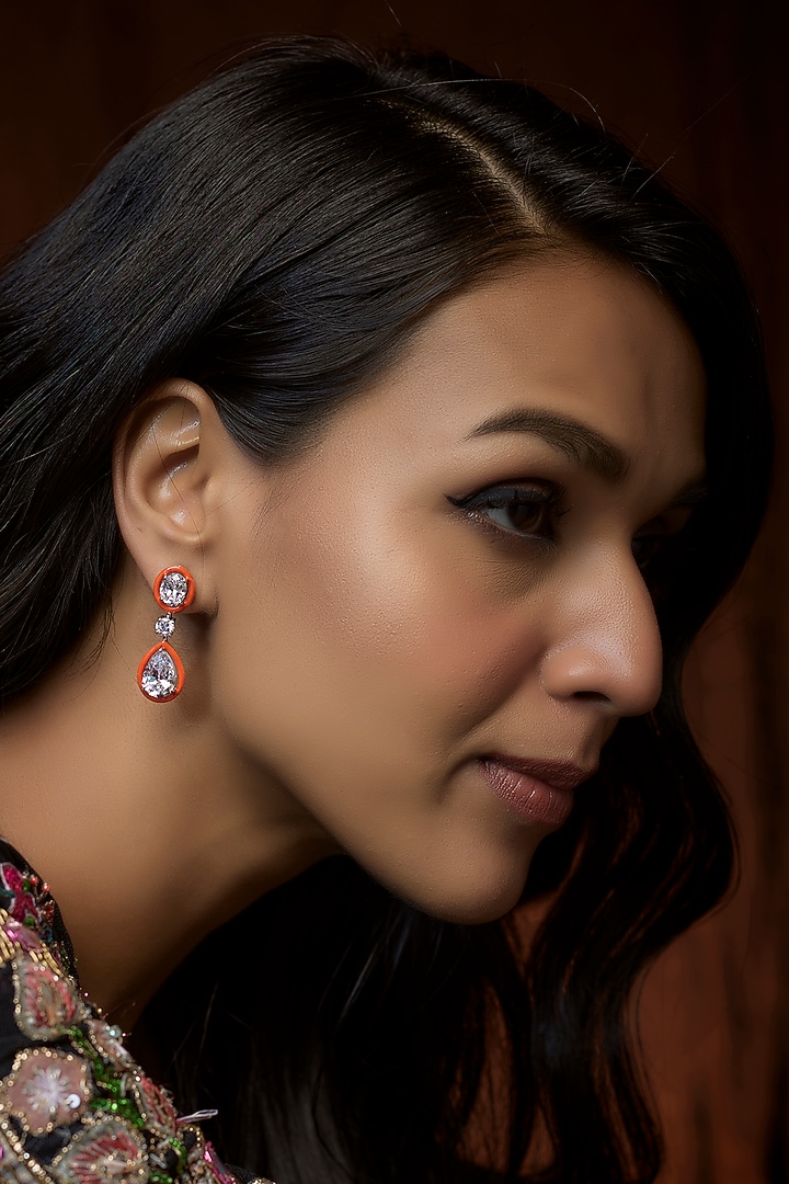 White Finish Swarovski & Enameled Earrings In Sterling Silver by Diosa Paris Jewellery at Pernia's Pop Up Shop