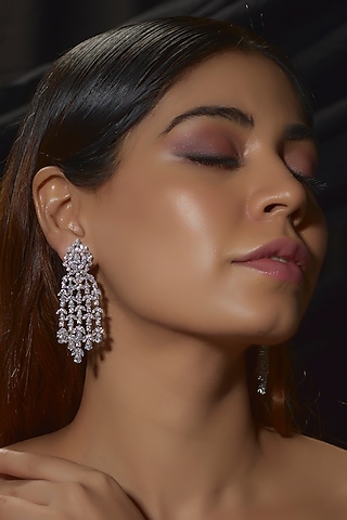 White Finish Swarovski Zirconia Dangler Earrings In Sterling Silver by Diosa Paris Jewellery