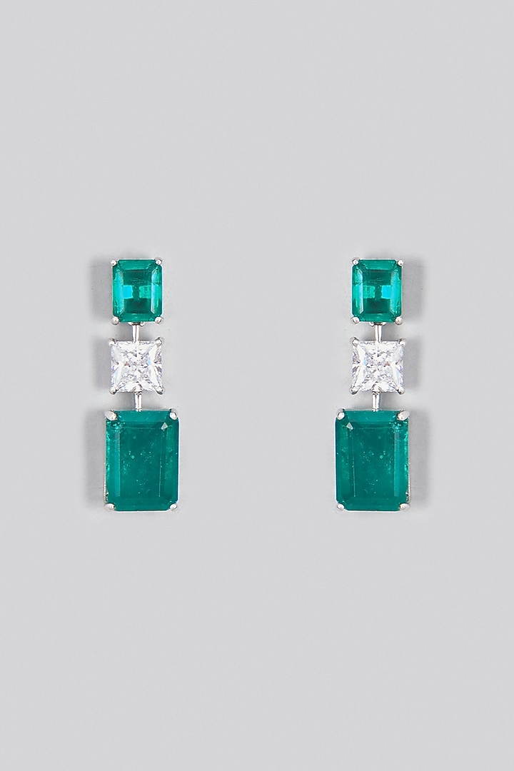 White Finish Green & White Swarovski Zirconia Dangler Earrings In Sterling Silver by Diosa Paris Jewellery at Pernia's Pop Up Shop