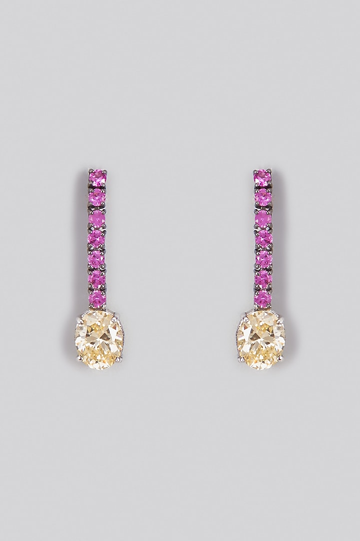 Black Rhodium Finish Yellow & Pink Swarovski Zirconia Dangler Earrings In Sterling Silver by Diosa Paris Jewellery at Pernia's Pop Up Shop