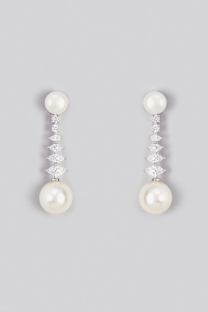 White Finish Swarovski Zirconia & Pearl Dangler Earrings In Sterling Silver by Diosa Paris Jewellery at Pernia's Pop Up Shop