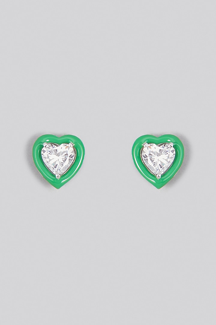 White Finish Swarovski Zirconia Enamelled Heart Stud Earrings In Sterling Silver by Diosa Paris Jewellery at Pernia's Pop Up Shop