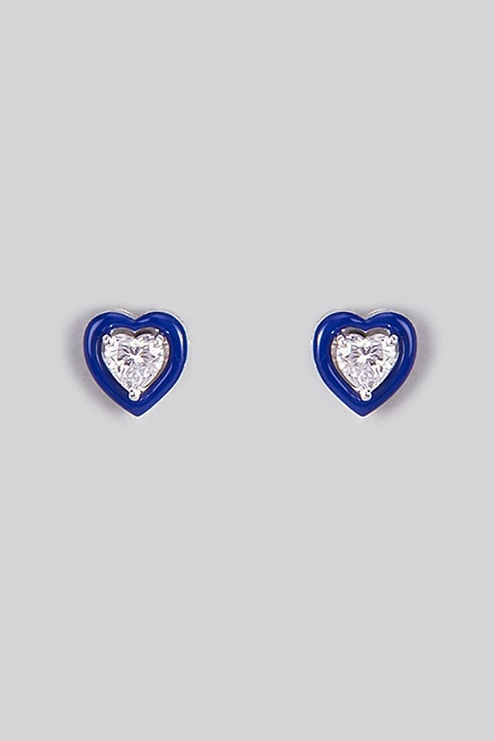 White Finish Swarovski Zirconia Enamelled Heart Stud Earrings In Sterling Silver by Diosa Paris Jewellery at Pernia's Pop Up Shop