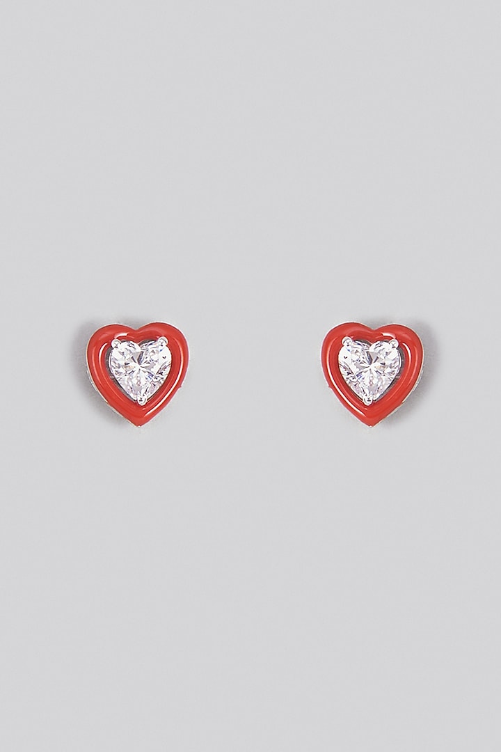 White Finish Swarovski Zirconia Enamelled Heart Stud Earrings In Sterling Silver by Diosa Paris Jewellery at Pernia's Pop Up Shop