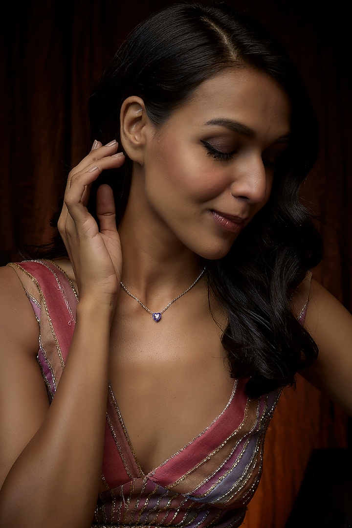 White Finish Swarovski Zirconia Enamelled Heart Pendant Necklace In Sterling Silver by Diosa Paris Jewellery at Pernia's Pop Up Shop