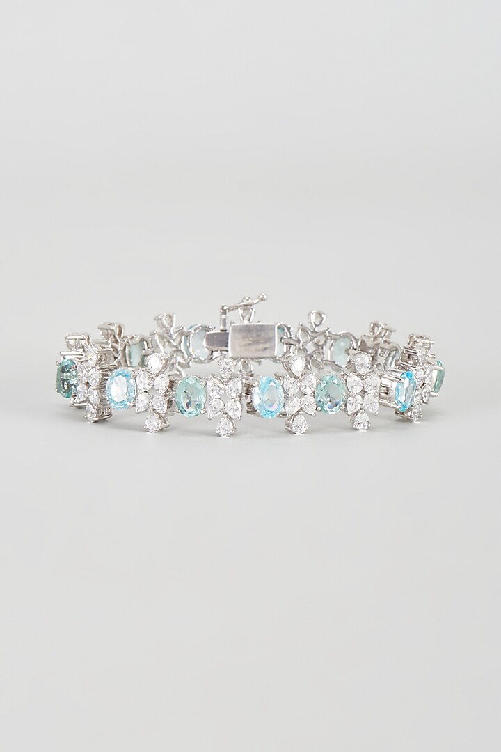 White Finish Blue & White Swarovski Zirconia Cuff Bracelet In Sterling Silver by Diosa Paris Jewellery at Pernia's Pop Up Shop