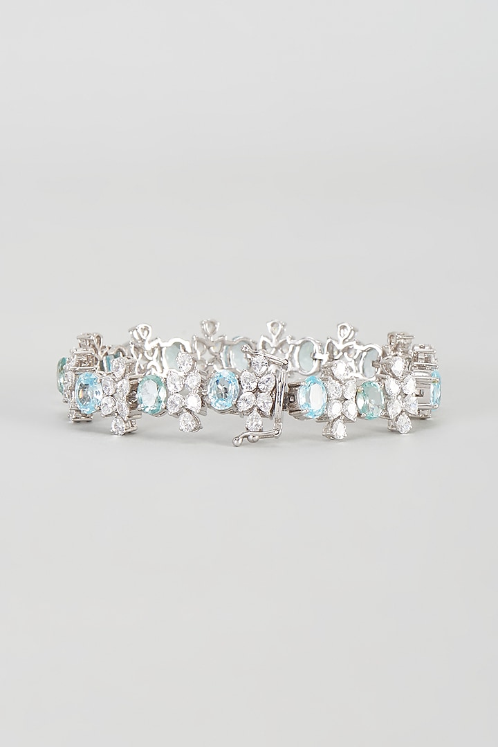 White Finish Blue & White Swarovski Zirconia Cuff Bracelet In Sterling Silver by Diosa Paris Jewellery at Pernia's Pop Up Shop