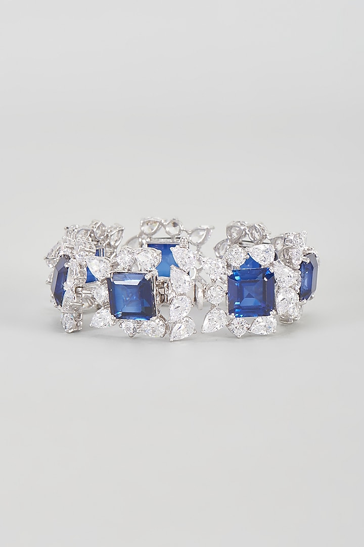 White Finish Blue & White Swarovski Zirconia Bracelet In Sterling Silver by Diosa Paris Jewellery at Pernia's Pop Up Shop