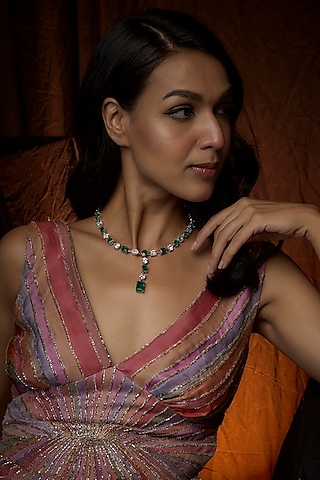 White Finish Green & White Swarovski Zirconia Necklace In Sterling Silver by Diosa Paris Jewellery