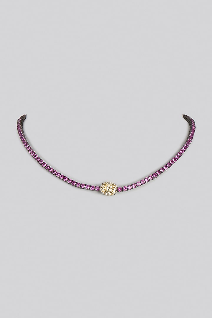 Black Rhodium Finish Red & Yellow Swarovski Zirconia Necklace In Sterling Silver by Diosa Paris Jewellery at Pernia's Pop Up Shop